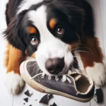un-chien-de-face-couché-de-type-border-collie-blanc-taché-de-noir-et-de-marron-détruit-une-basket-de-tissus-bleu-par-coach-canin-16-éducateur-canin-à-cognac-jarnac-rouillac