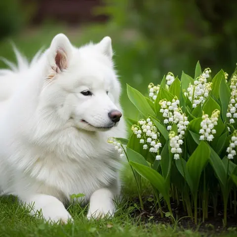 un-samoyède-couché-prés-d-une-plantation-de-muguet-fleur-toxique-pour-le-chien-le-chiot-par-coach-canin-16-educateur-canin-en-charente